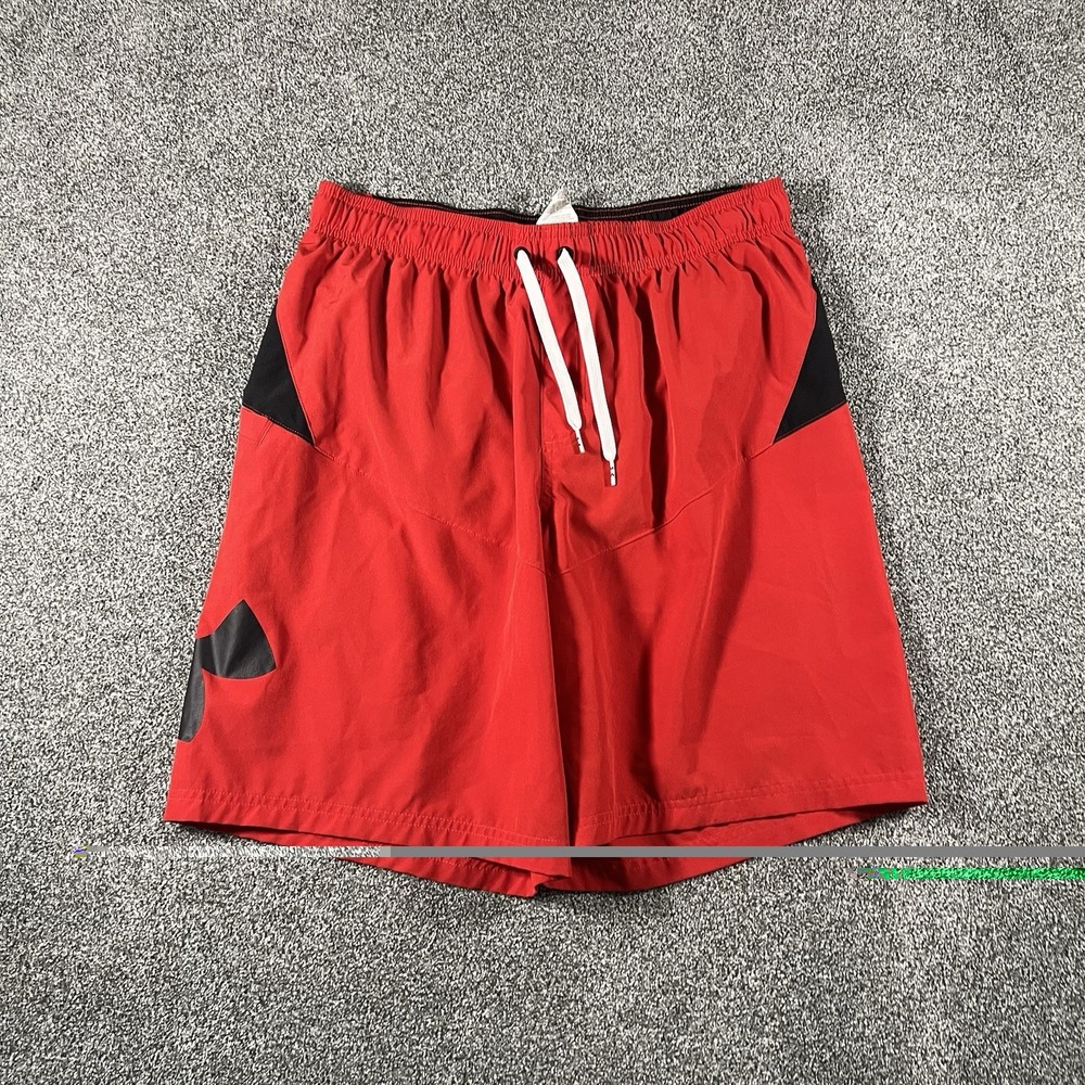 Under Armour Mens Large Red Black Swim Trunks Board Shorts Drawstring Lined